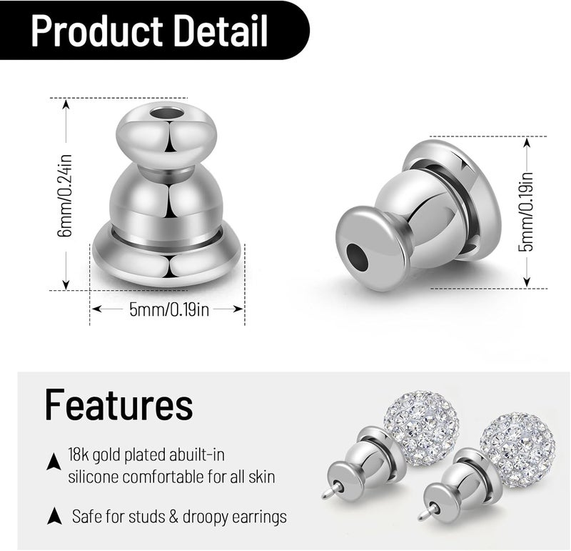 DSOMHZ Earring Backs Replacements,Bullet Earring Backs for Studs/Droopy Ears, Secure Locking Backings for Sensitive Ears, Hypoallergenic&Comfortable (White Gold 6 PCS) - Image 3